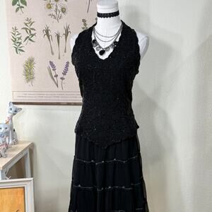 Vintage 90s Y2k Black Beaded Formal Top Whimsigoth Romantic Goth Dark Coquette M